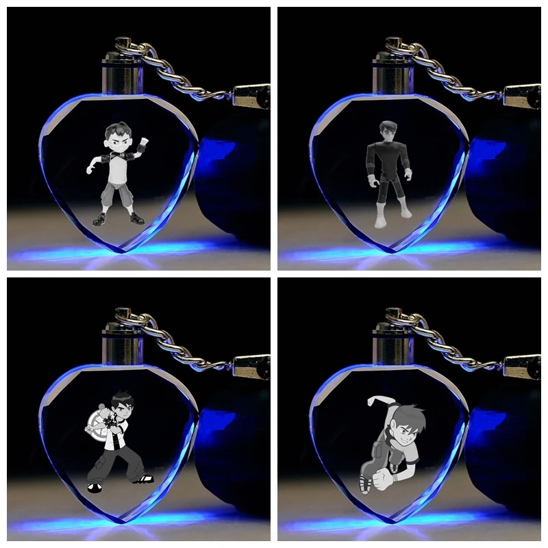 

IVYYE BEN 10 Boy Heart shaped Anime Action Figures LED Cartoon Light Crystal Figure Ornaments Key Collection Toy Chain Gifts