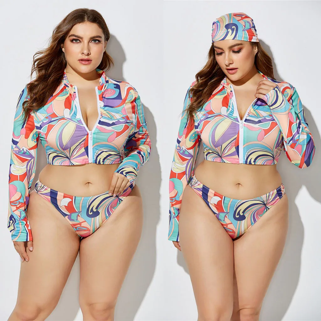 

Muliticolor Plus Size Summer Swimsuit Women's High Waist Print Split Long Sleeve Beach Three-Piece Set Suit 20