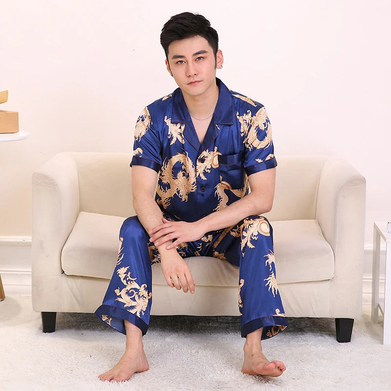 men short sleeve silk like pyjamas sets (5)