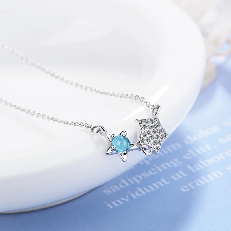 

Blue Gradient Artificial Crystal Stars 925 Sterling Silver Clavicle Chain Literary Temperament Female Necklace SNE364