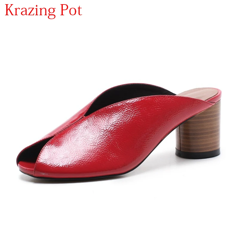 

2018 New Arrival Cow Leather Summer Peep Toe Summer Shoes Slip on High Heels Vacation Mules Shallow Slingback Women Pumps L90