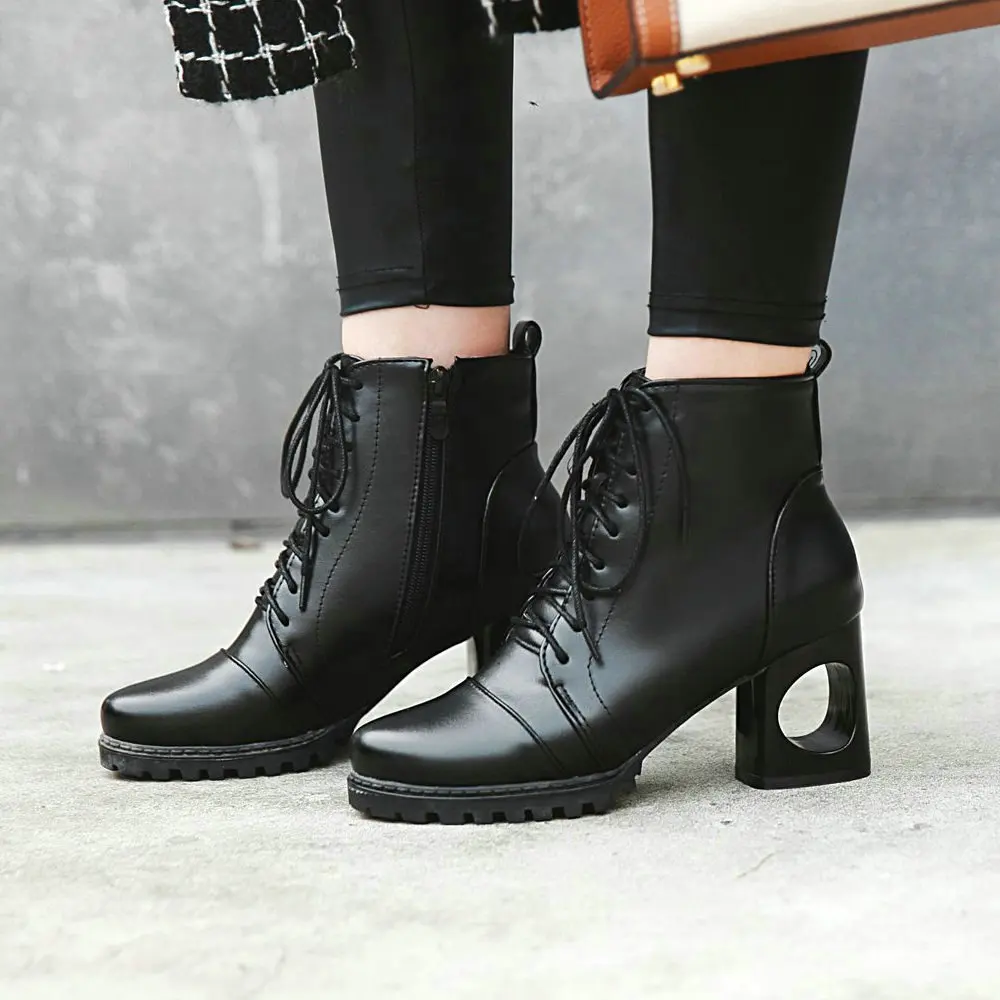 

2018 Boots Women Zipper Boots Pu Thick High Heel Ankle Boots Lace Up Pointed Tpe Fashion Autumn Winter Woman Shoes Plus Size 43