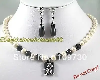 

Jewelry 00168 Fashion Set Black Agate & White Freshwater Pearl Necklace Earring (A0423)