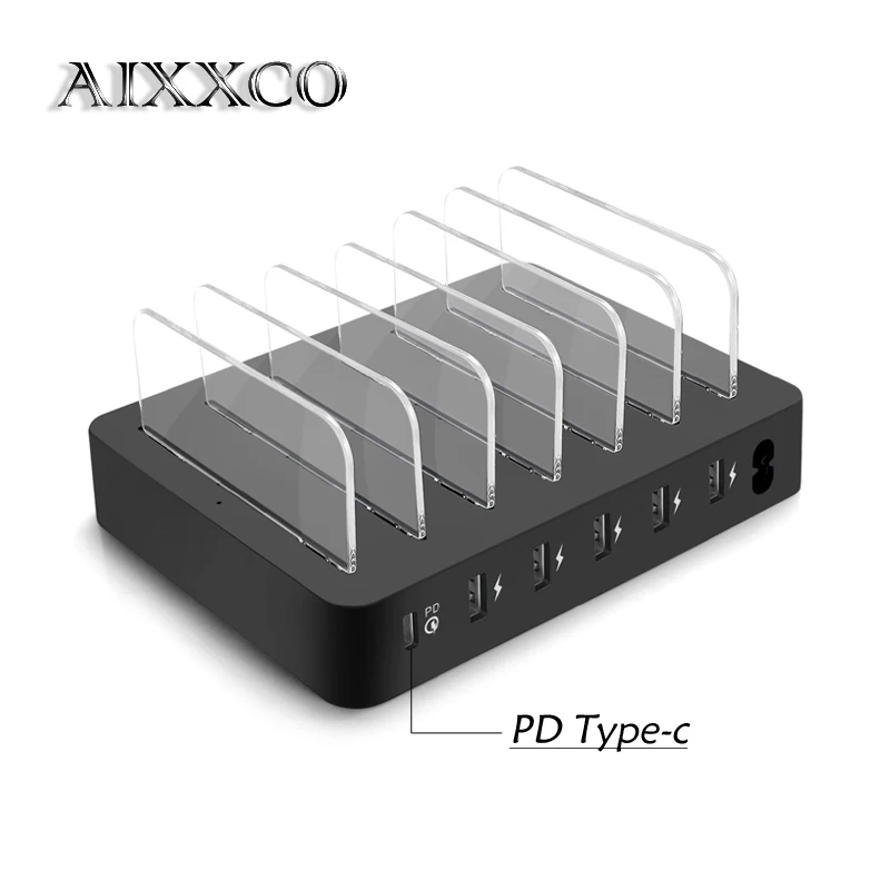 AIXXCO سريعة نوع C PD 6-ميناء USB حامل محطة شحن 45 W 9A شاحن يو اس بي سريع حوض شحن USB ل iPone Xiaomi اللوحي