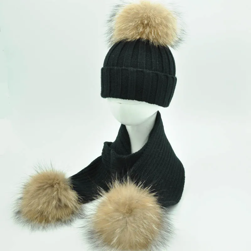 Jaxmonoy Baby Hat and Scarf Set Thick Stretchy Knitted Beanie for Boys and Girls Real Raccoon Fur Pom Pom Winter Hats for Kids