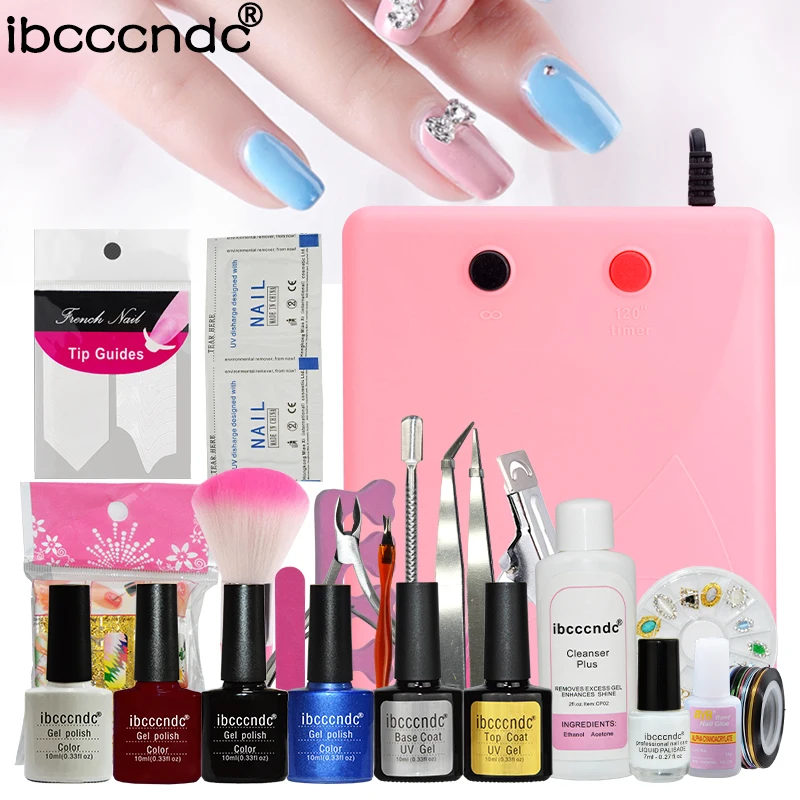 

Nail Art Manicure Tools Set 4 Color Gel Polish Base Top Coat Polish Nail Art Decorations with Remover Wraps 36W UV Lamp