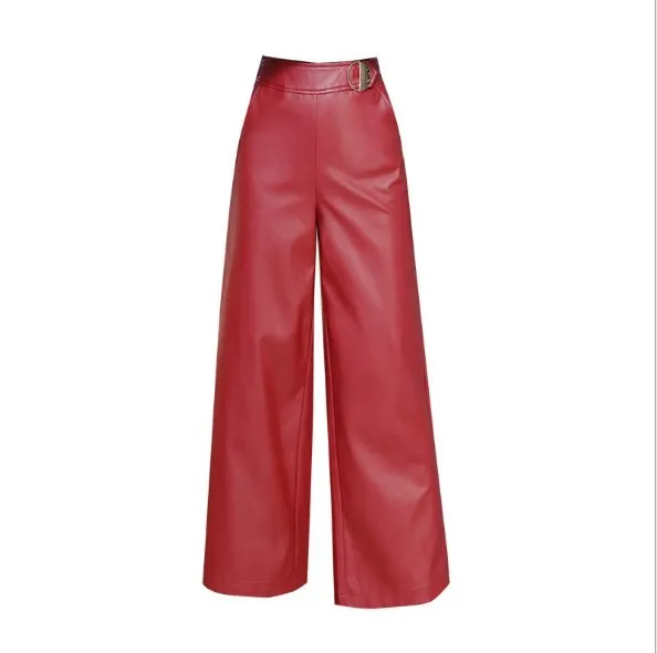 Высококачественные женские брюки из искусственной кожи красные повседневные широкие брюки черные осенние зимние офисные женские брюки нижнего белья с боковой молнией - Цвет: Красный