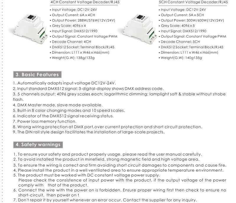 4CH постоянной Напряжение светодио дный DMX512 декодер; с RJ45 разъем (BC-834-DIN-RJ45)