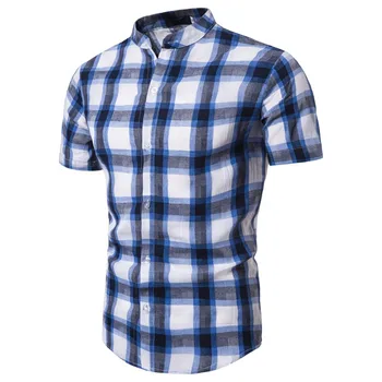 

vintage plaid shirts men short sleeved Hawaii holiday men's shirts stand collar European size 2019 summer cotton shirt male