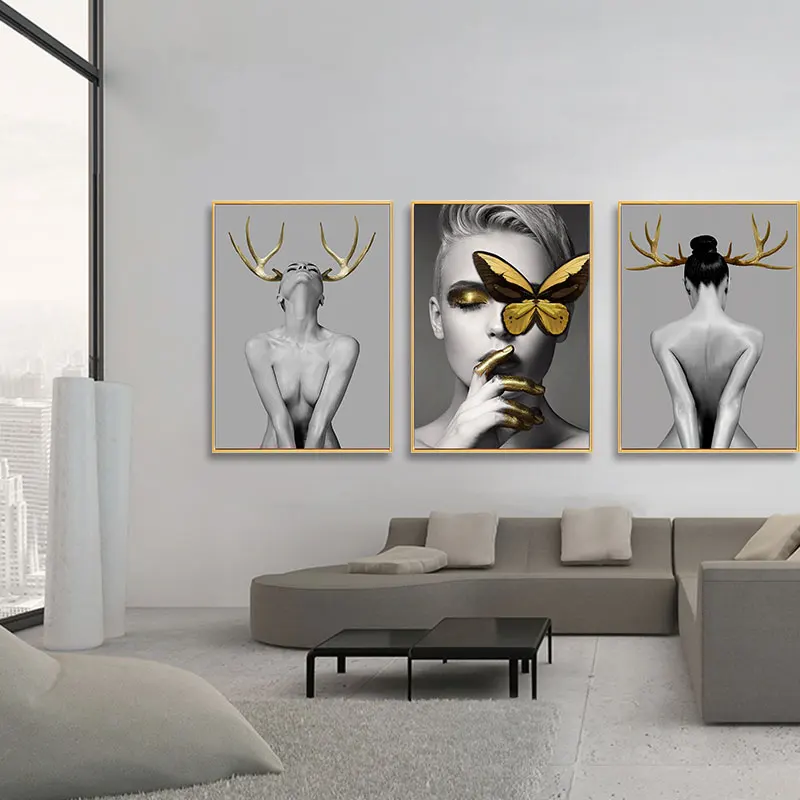 Golden Antlers Woman Model Abstract Canvas Painting Posters Fashion Sexy Beauty Art Print Poster Wall Picture for Home Unframed