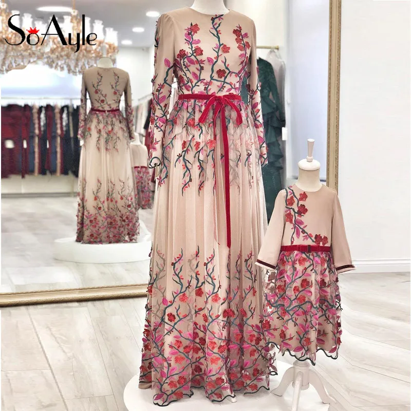 

SoAyle Evening Dresses Embroidery Appliques for Prom Dresses Arabia Fashion Dubai Muslim Parenting suit Women's Long Dresses