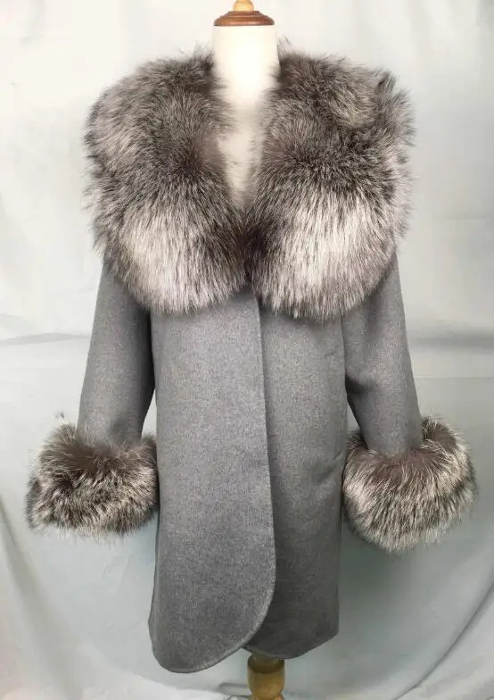 Hot Sale Cashmere Coat Women Sleeve Collar Natural Real Fox Fur Loose Genuine Leather Jacket Women Overcoat Real Fur Coat