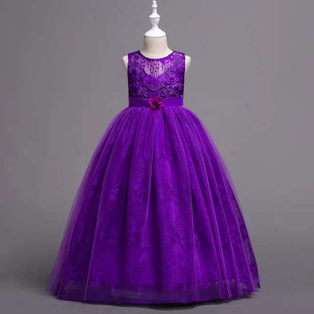 

6-15Y Lace Flower Princess Dress Long Girls Dresses Sleeveless KD-1866