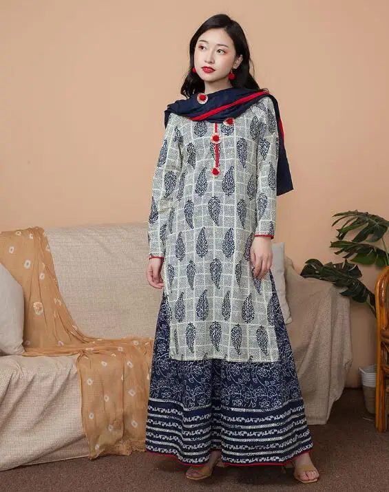 

India Fashion Woman Ethnic Styles Printing Set Cotton India Dress Thin Travel Costume Elegent Lady Top+Skirt+Scarf