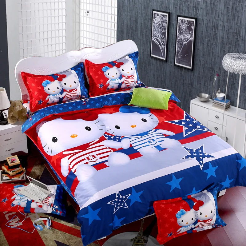 Bedding Set Cartoon Hello Kit cat Doraemon 4pcs/3pcs Duvet Cover Sets Soft Polyester Bed Linen Flat Bed Sheet Set Pillowcase - Image 4