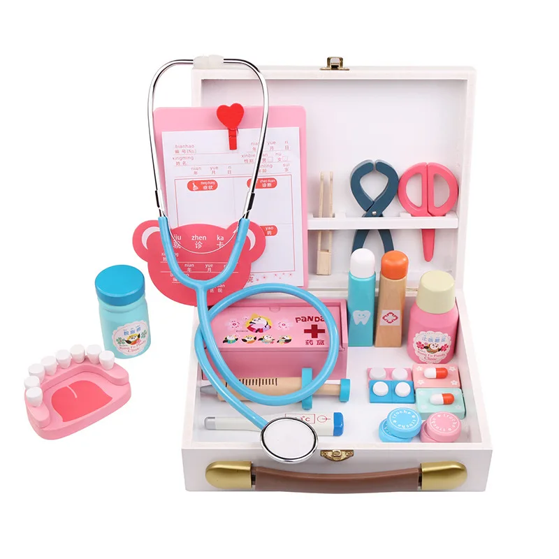 

Doctor Play sets Simulation Wooden Medicine Box Present Doctor Cosplay dentist Toys Stethoscope Injections Kids Gift