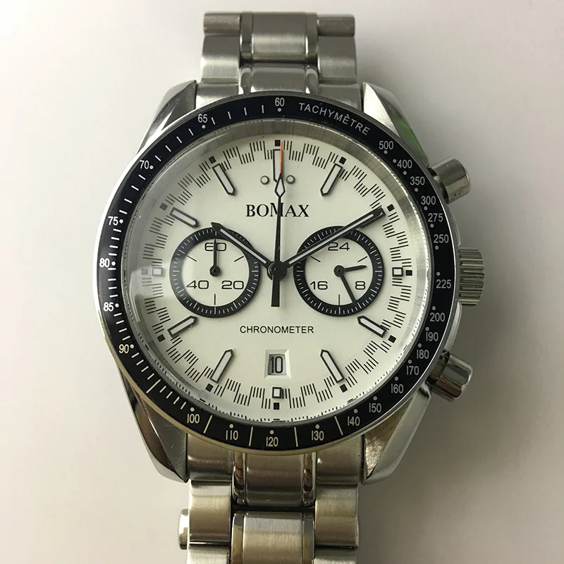 

Chronograph Luminous Men Watch 40mm Japan VKmiyota Quartz Date Steel Strap Bracelet Black Bezel White dial Waterproof Watch