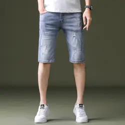 Новые мужские плюс Размеры отверстия Denim Свободные шорты мужские укороченные джинсы новые летние повседневные светло-голубой стиральная