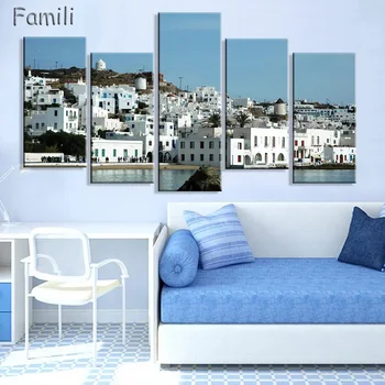 

5 Pieces unframed Home decoration picture Canvas Prints Santorini island building tea Coffee glass Wine Glass fruit juice rose