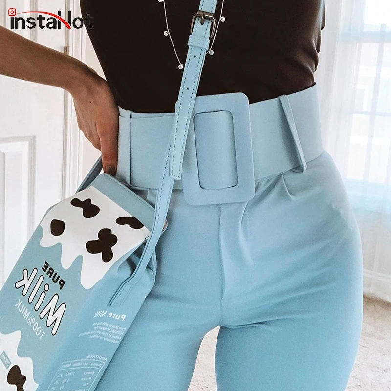 Online InstaHot elástico de la cintura alta pantalones lápiz mujer otoño Pantalones Slim elástico casuales Streetwear flacas femenina invierno negro