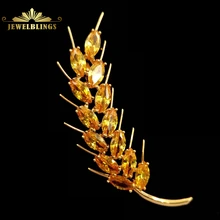 Nature Inspiration Yellow Wheat Brooches Gold Tone Marquise Shaped CZ Prong Set Wheat Sheath Pins Harvest Holiday Jewelry fabulous short tassel drops double yellow bird brooches silver tone micro pave cz green eyes two love birds pins for girlfriend