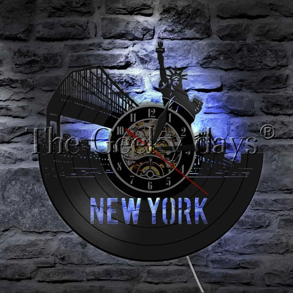 1 шт. Нью-Йорк Статуя Свободы Виниловая пластинка настенные часы городской пейзаж дома гостиной декоративные настенные часы для туризма подарок - Цвет: With LED