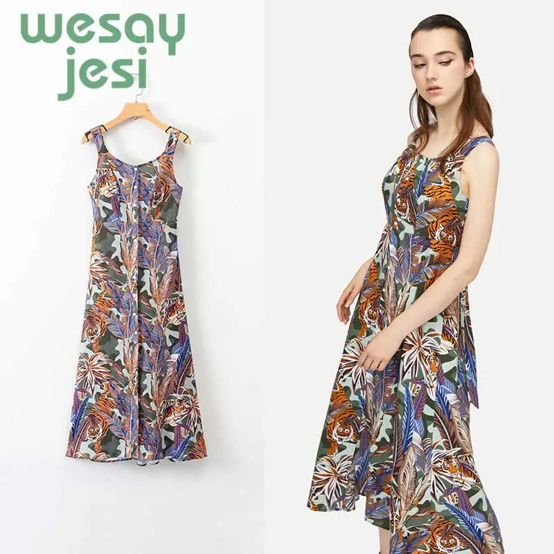 

women sexy O-neck floral pattern dress sleeveless back cut out ladies summer casual chic Mid-Calf dresses vestidos