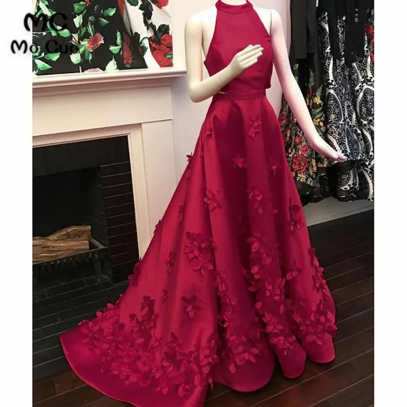 

Elegant 2018 Burgundy Evening Dresses Long with Flowers Halter Sweep Train Formal Evening Party Dress for Women