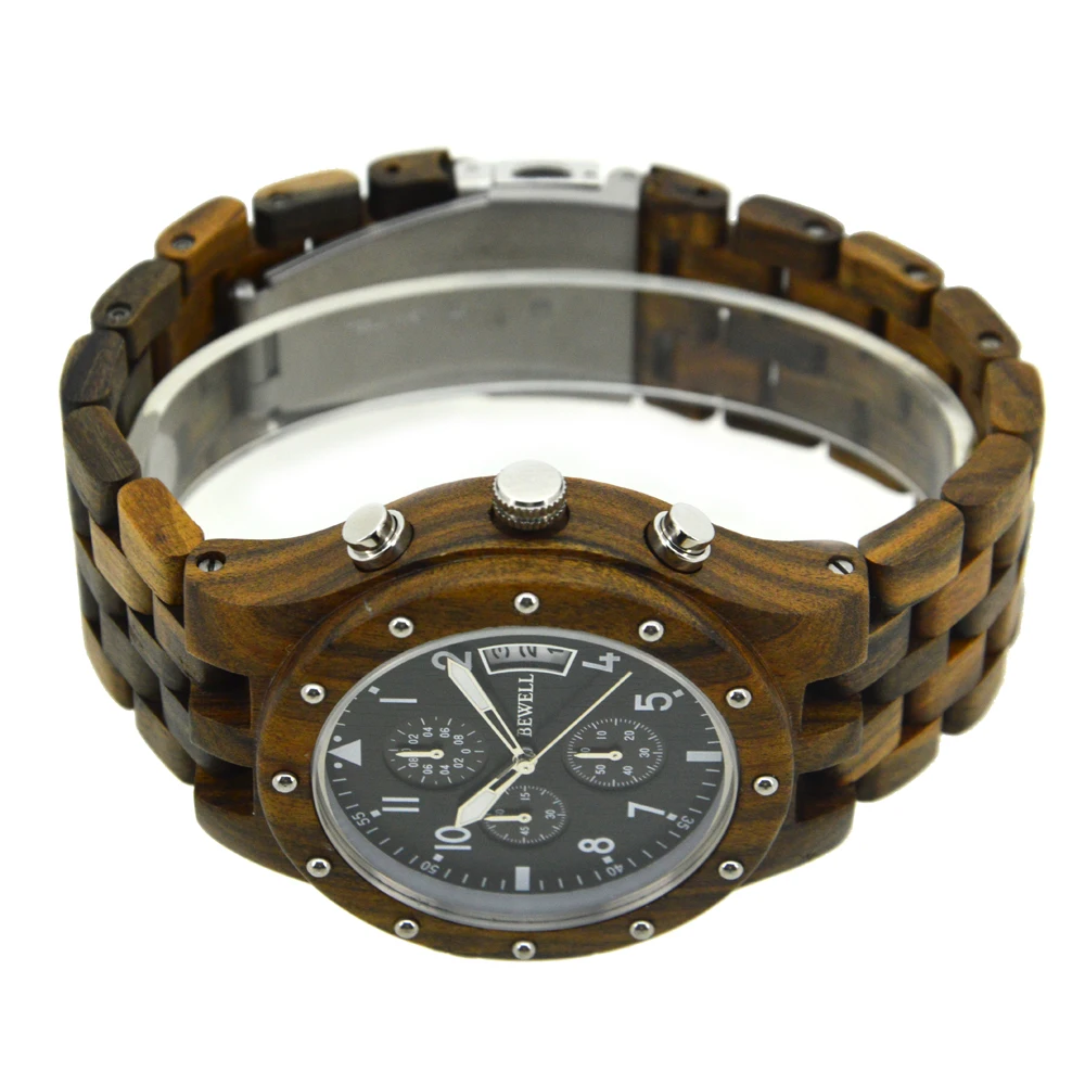 BEWELL полностью сандаловое дерево наручные часы дизайнерские мужские часы Топ люксовый бренд кварцевые Хронограф Календарь Relogio Masculino 109D