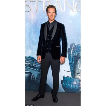 

2017 Navy Blue Velvet Men Suits Benedict Cumberbatch wedding slim Mens suit Tuxedo WIth Double Breasted Vest (Jacket+Pants+Vest)
