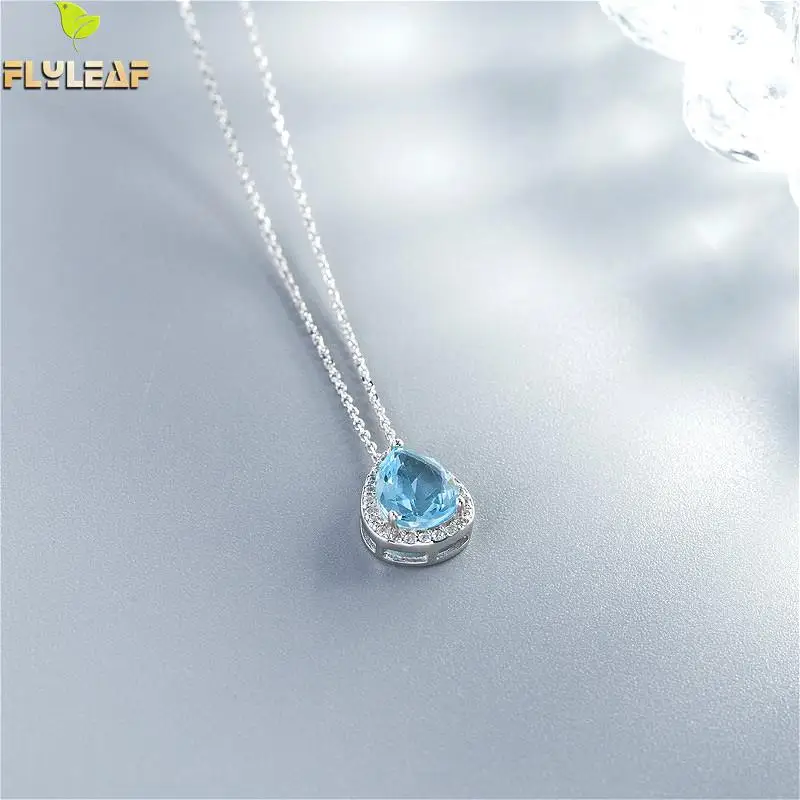 

Flyleaf 925 Sterling Silver Necklace Women Blue Crystal Water Droplets Zircon Fashion Fine Jewelry Simple Necklaces & Pendants