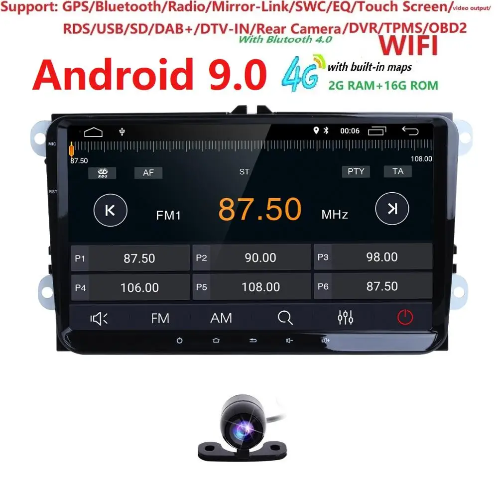 

2 DIN Android 9.0 Car radio Car GPS Navigation 9'' Autoradio For SKODA GOLF 5 Golf 6 POLO PASSAT B5 B6 TIGUAN DVD player BT RDS