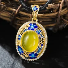 Luxury Genuine Yellow Agate Blue Flower Solid 925 Sterling Silver Enamel Charm