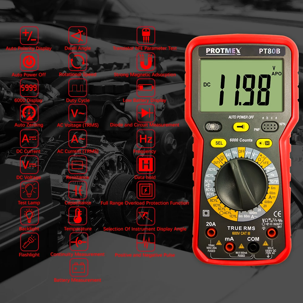 Protmex PT80B 6000 отсчетов цифровой Ручной Автомобильный мультиметр DC/AC напряжение, ток, сопротивление, Емкость Тестер