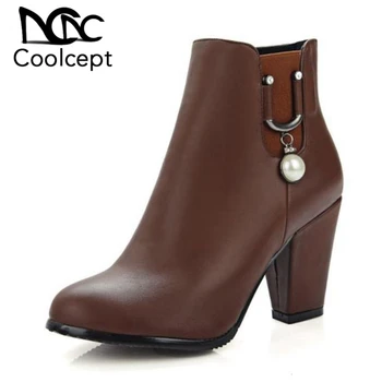 

Coolcept High Heel Ankle Boots For Women Round Toe Beading Zipper Elastic Band Boots Winter Fur Warm Shoes Women Size 31-43