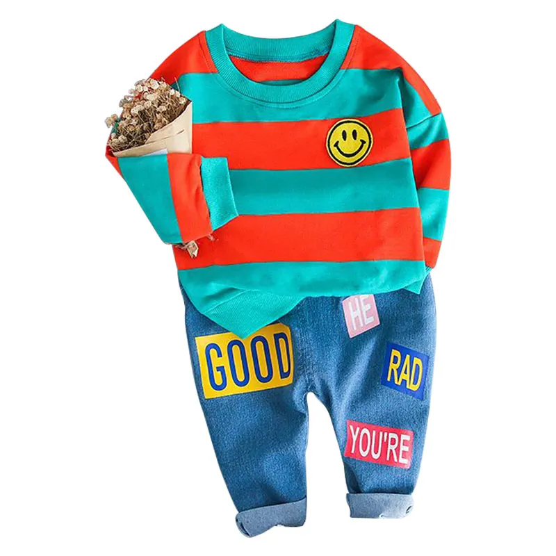 

Baby boy girl suit spring autumn baby clothes plush striped clothes smiley t-shirt and shirt pants children's clothing