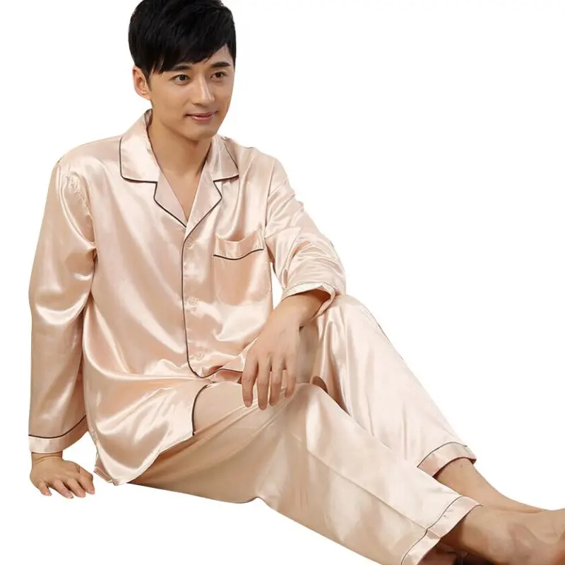 Для мужчин мальчиков Новый осень-зима пижамы Loungwear халаты мягкой шелковой атласной пижамы пижамный комплект