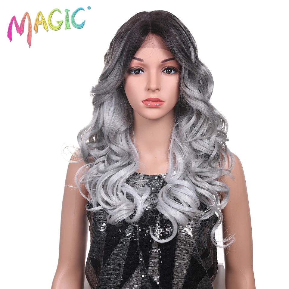 

Magic Hair Hand Tied Long Loose Wavy Hair 24 Inch Blonde Grey Color Wigs High Density Heat Resistant Synthetic Lace Front Wigs