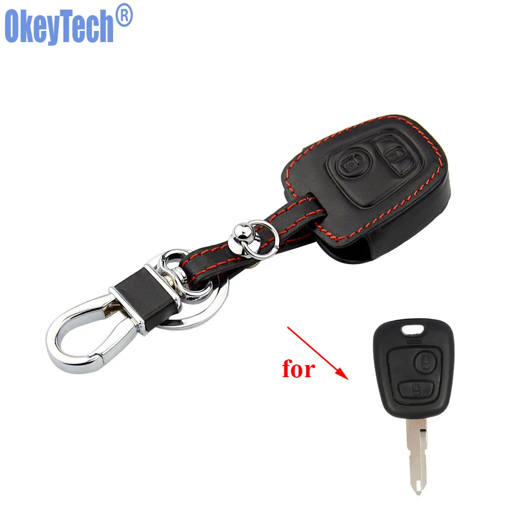 OkeyTech Genuine Leather Car Key Chain Ring Cover Case Holder For Peugeot 106 107 206 207 307 408 RCZ 2 Button Remote Protector