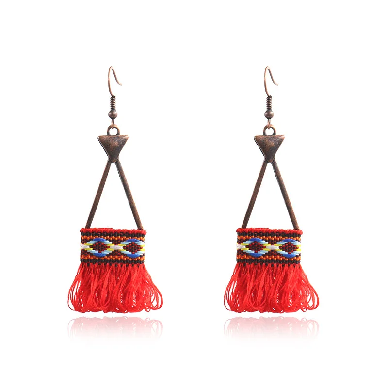 

Stainless Steel Vintage Ethnic Hook Long Drop Hanging Dangle Triangle Women Tassel Earrings