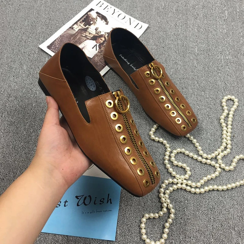 Marca Para Ocio Black Zip Calzado Punk Diseñador Zapatos Frente Femenino Rivet De Las Pisos Mules Toe Flats Cuadrado Cuero brown Mujeres Genuino xHq0ggB