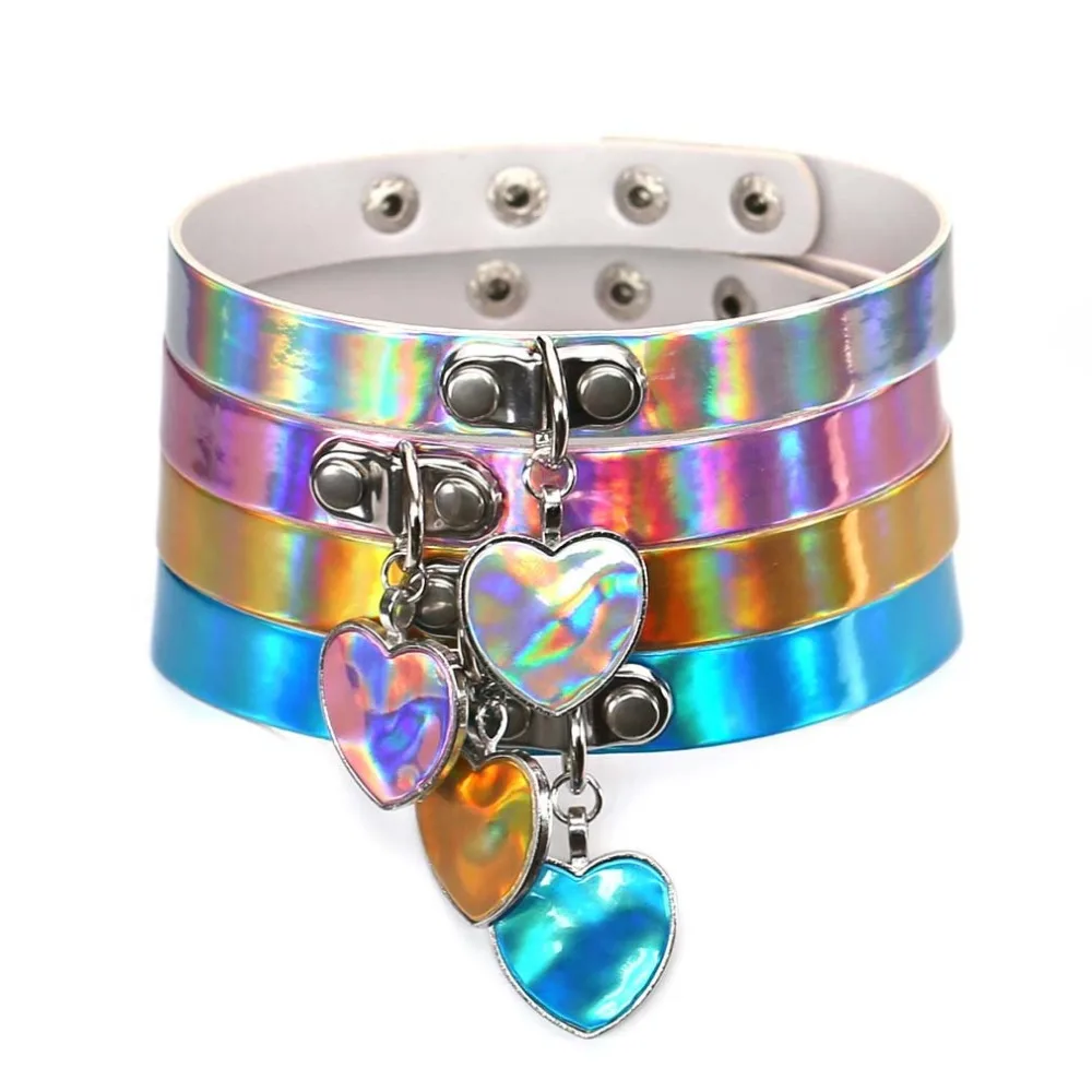 

Bijoux Feminino Holographic Harajuku Jewelry Punk Goth PU Leather Choker Necklace Women Heart Collares Necklaces & pendnats