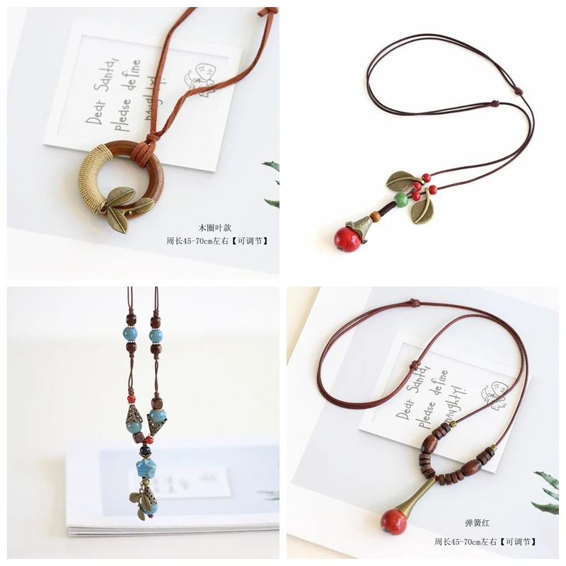 

Miage Vintage Ceramic Beads Wooden Leaves Pendant Statement Necklace Ethnic Sweater Velvet Rope Chain Necklace For Women jewelry