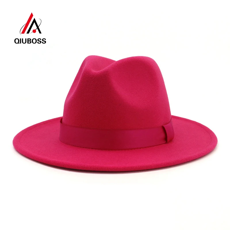 

QIUBOSS Womens Ladies Womens Rosy Wool Felt Jazz Fedora Hats Fashion Women Trilby Flat Brim Panama Gambler Hat Carnival Cap