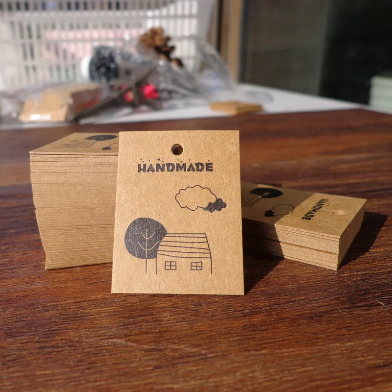 Винтажные крафт бумажные бирки для подарков 100 шт. 3х4 см домик на дереве облако