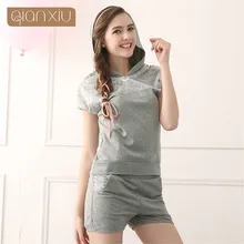 Qianxiu Трикотажные Хлопковые женские удобные женские пижамы пижамный комплект с коротким рукавом Блузка+ шорты Нижнее белье известный бренд