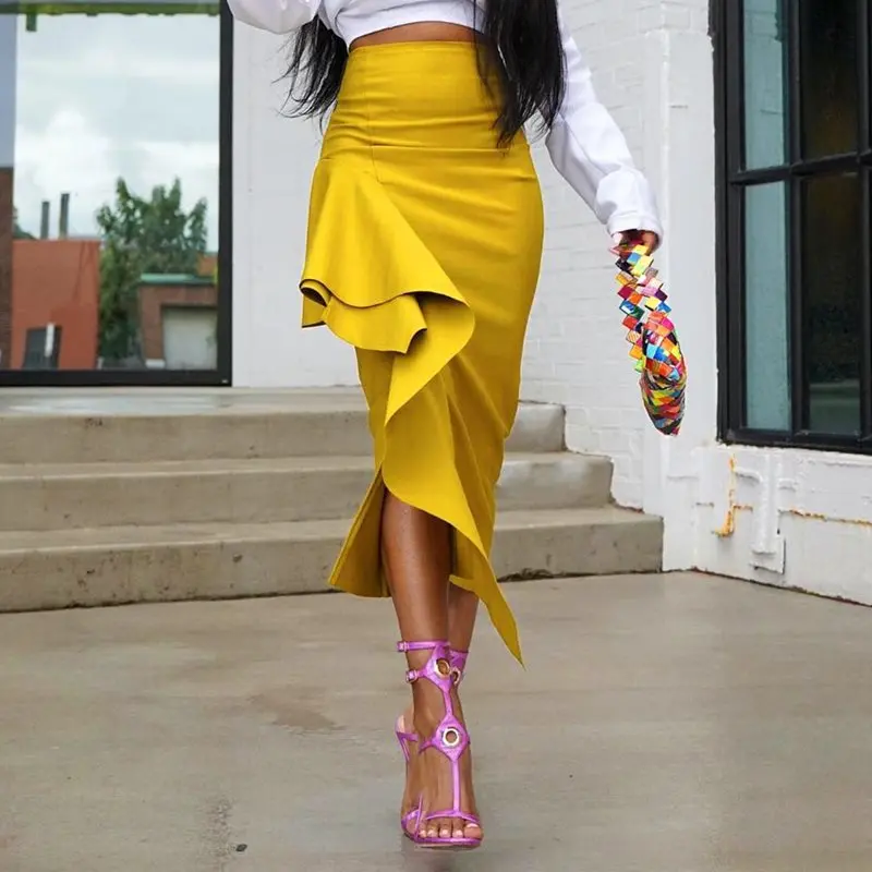 

Summer Yellow African Elegant Party Elegant Beach Skirts Womens Bodycon High Waist Falbala Plain Female Vintage Chic Skirts 2019