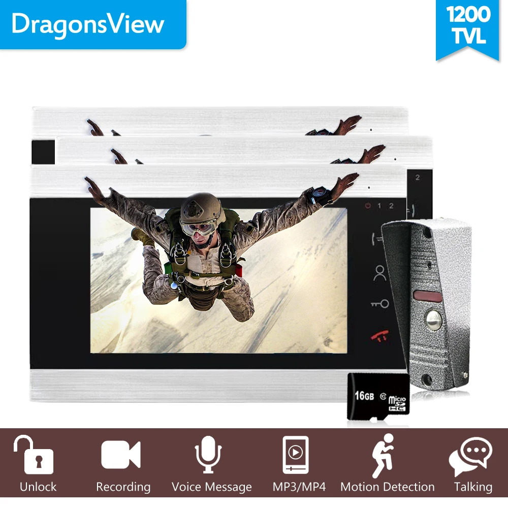 Dragonsview 7 дюймов видео дверной звонок Домофон Система от 1 до 3 Видео