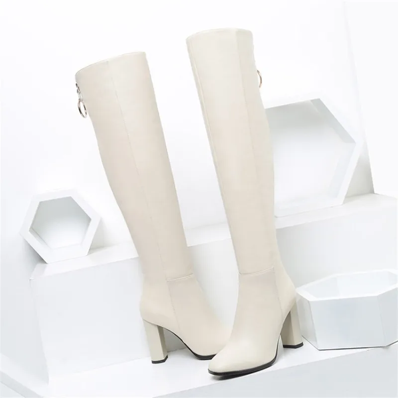 

2019 autumn and winter new thick with knee zipper boots high high heel women's boots beige 0406