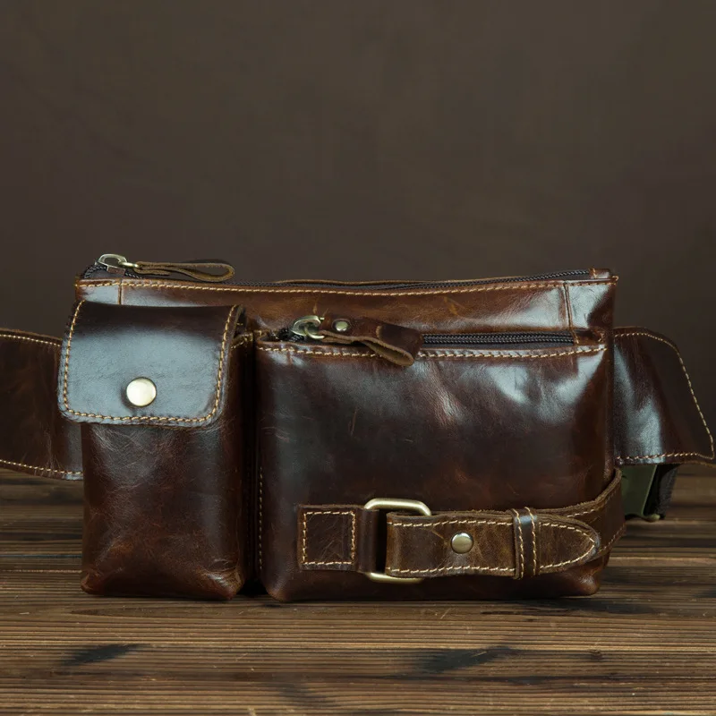 

Men's Oil Wax Cowhide Waist Bag Vintage Sling Chest Messenger Shoulder Genuine Leather Purse Pouch Fanny Pack Hip Bum Belt Bags